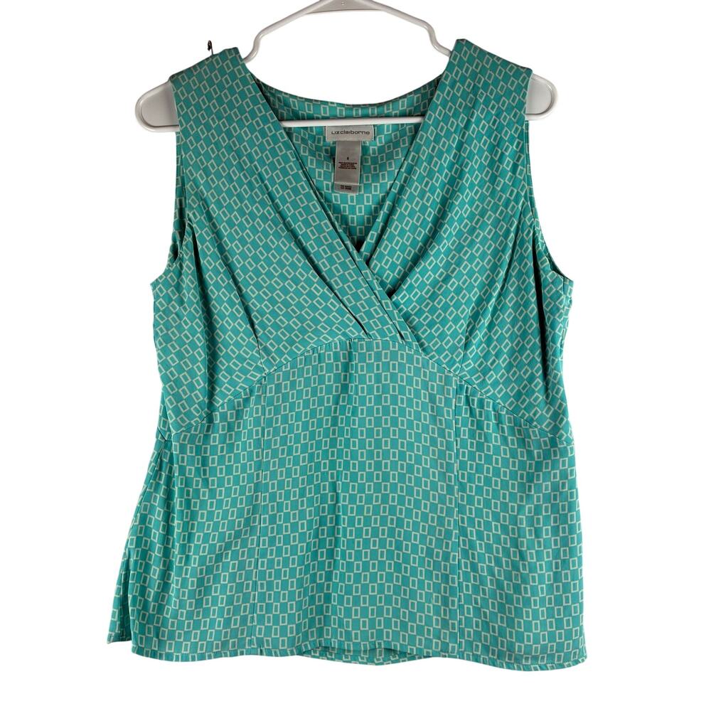 Liz Claiborne Y2K Silk Geometric Surplice Sleeveless Blouse Women's 6 Teal White